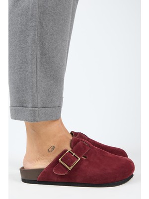 Manijero Zeta 2 Kadın  Deri Kemerli Tokalı Sabo Bordo Terlik