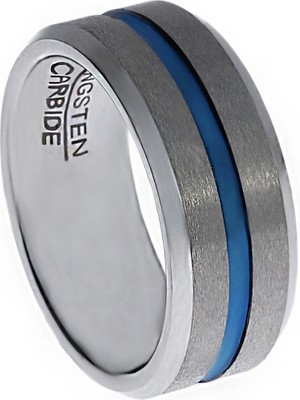 Erkek Mavi Çizgi Detay Gümüş Renk Tungsten Yüzük