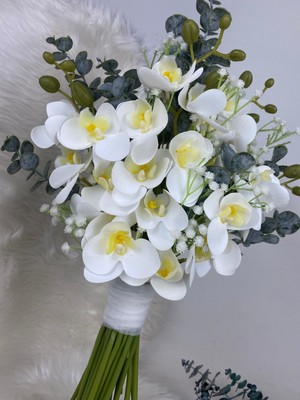 Beyaz Mini Orkide Gelin Çiçeği Gelin Buketi ve Yaka Çiçeği