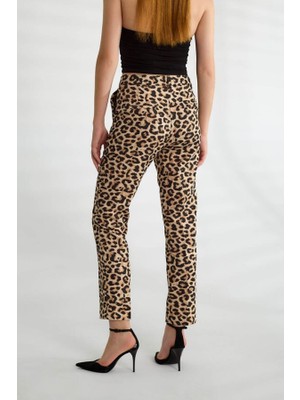 Leopar Desen Yüksek Bel Likralı Kadın Pantolon