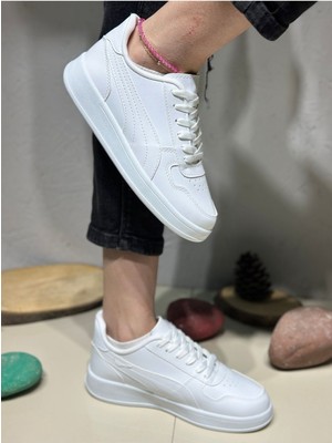 Dmr Günlük Rahat Yumuşak Beyaz Kadın Sneaker Kaymaz Taban Bağcıklı Konforlu Unisex Spor Ayakkabı