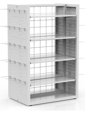 Decorelax 80 x 60 Çift Taraflı Metal Beyaz Stand Metal Raflı ve Yan Modüllü Kancalı Set