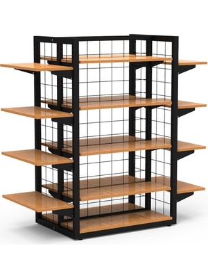 Decorelax 80 x 60 Dört Taraflı Metal Siyah Stand Bambu Raflı ve Yan Modül Raflı Set
