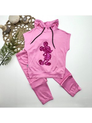 3-4-5 Yaş Kapşonlu Payetli Mickey Desenli Kısa Kol 2li Kız Erkek Çocuk Takımı