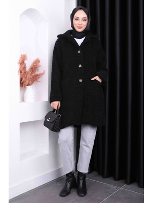 Siyah Düğmeli Angora Peluş Kaban