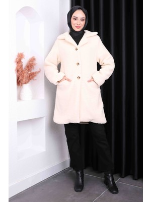 Krem Düğmeli Angora Peluş Kaban