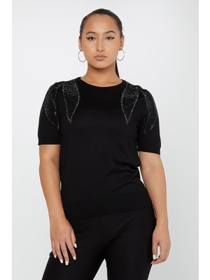 Kazee Kadın Taşlı Amerikan Model Kısa Kollu Triko Kazak 31238 Siyah