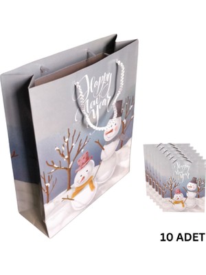 Yılbaşı Temalı Ipli Karton Çanta, Kardan Adam Desenli Yeniyıl Hediye Çantası, 10 Adet, 25X30X9 cm