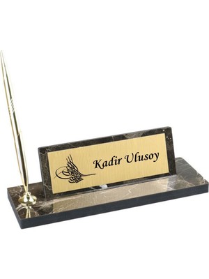 Kişiye Özel Kalemli Osmanlı Tuğra Tasarımlı Mermer Desenli Ahşap Masa Isimliği