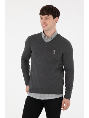 U.S. Polo Assn. Erkek Slim Fit V Yaka Antrasit Melanj Basic Kazak 50288881-VR081