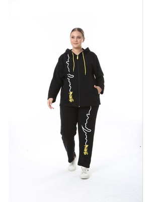 Kadın Büyük Beden Siyah 3 Iplik Kapüşonlu Eşofman Takım 65N38324