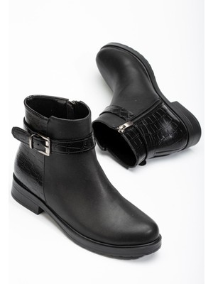 İnfon Ayakkabı Marketi Kadın Bot 165-204/1 Siyah Kroko Toka Aksesuarlı Fermuarlı Konforlu Tasarım