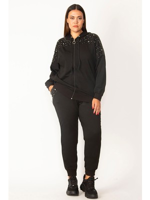 Şans Kadın Kapşonlu Eşofman Takımı Taş Detaylı %95 Viskon %5 Elastan Şık Tasarım