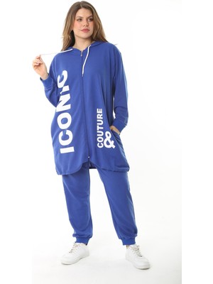 Kadın Büyük Beden Gri Baskı ve Fermuar Detaylı Kapşonlu Sweatshirt Pantolon Takım 65N37128