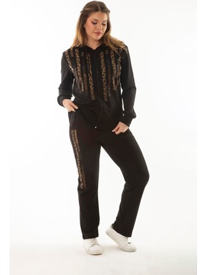 Kadın Büyük Beden Siyah Taş Detaylı Kapşonlu Sweatshirt Pantolon Ikili Takım 65N37052