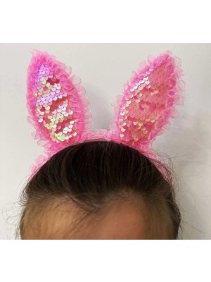 Kenarları Dantelli Pembe Pullu Payetli LED Işıklı Tavşan Kulak Taç 23X19 cm