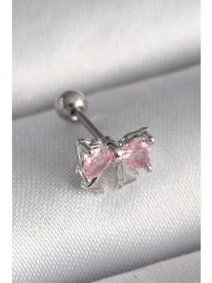 Xsay 316L Çelik Gümüş Renk Pembe Zirkon Taşlı Fiyonk Tragus Piercing