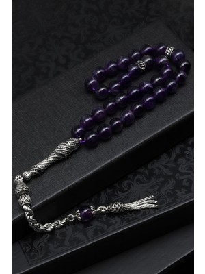 Ametist Doğal Taş Tesbih 925 Ayar Gümüş 8 mm Küre Kesim