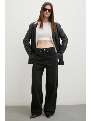 Yüksek Bel Geniş Paça Jean Siyah