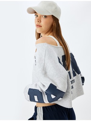 Koton Arkası Baskılı Kayık Yaka Crop Oversize Sweatshirt