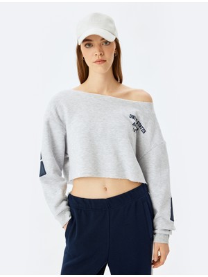 Koton Arkası Baskılı Kayık Yaka Crop Oversize Sweatshirt