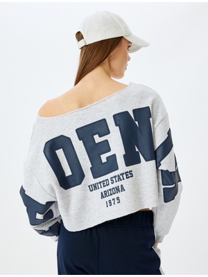 Koton Arkası Baskılı Kayık Yaka Crop Oversize Sweatshirt