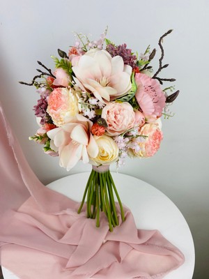 Krem Somon Manolya Detaylı Gelin Çiçeği Gelin Buketi ve Yaka Çiçeği