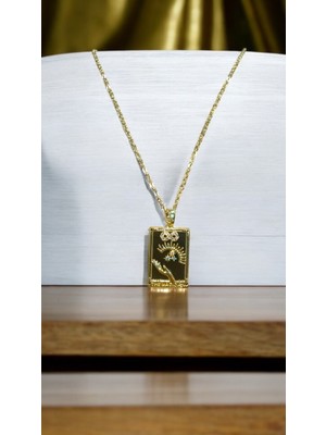 Wisteria Jewelry Diktörtgen Tarot Figür Siyah Mineli Gold Renk Çelik Kolye 316L