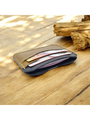 Cy Leather Minimax El Yapımı Unisex Camel Siyah Hakiki Deri Kompakt Cüzdan