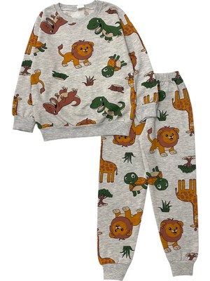 Erkek Çocuk Iki Iplik Pamuklu Şardonlu Gri Safari Desenli Uzun Kollu Kışlık Pijama Takımı