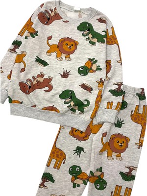 Erkek Çocuk Iki Iplik Pamuklu Şardonlu Gri Safari Desenli Uzun Kollu Kışlık Pijama Takımı