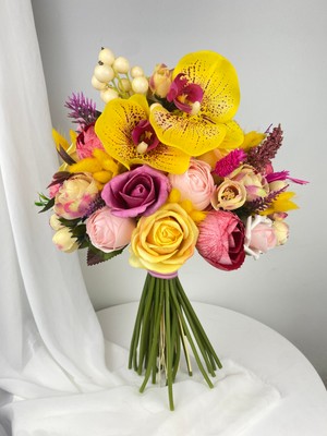 Sarı Fuşya Gelin Çiçeği Gelin Buketi Yaka Çiçeği