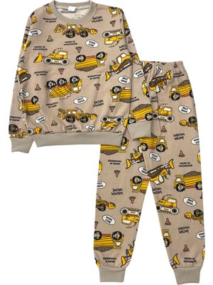 Erkek Çocuk Iki Iplik Pamuklu Şardonlu Bej Rengi Iş Makinesi Kepçe Desenli Uzun Kollu Pijama Takımı