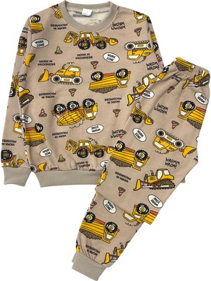 Erkek Çocuk Iki Iplik Pamuklu Şardonlu Bej Rengi Iş Makinesi Kepçe Desenli Uzun Kollu Pijama Takımı