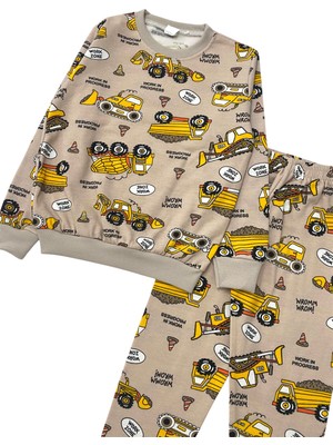 Erkek Çocuk Iki Iplik Pamuklu Şardonlu Bej Rengi Iş Makinesi Kepçe Desenli Uzun Kollu Pijama Takımı