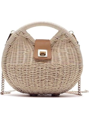 Fashion Cocktail Katı Sert Hasır Kilitli Omuz Askılı Yazlık Doğal Kadın Çanta