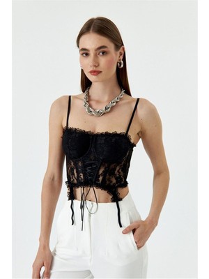 Fashion Cocktail Ön Korseli Askılı Dantelli Gece Krop Büstiyer Dokuma Kumaşlı Kruvaze Yaka Kadın