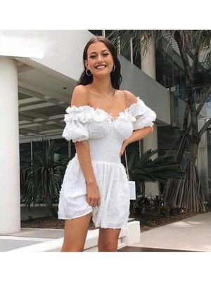 Fashion Cocktail Puff Kollu Tüylü Belden Lastikli Göğüs Bağlamalı Yazlık Doğal Bohem Şirin Yazlık Elbise