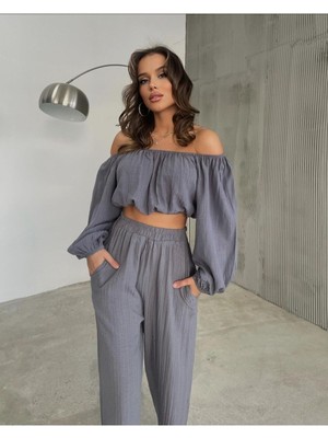 Fashion Cocktail Düşük Omuz Yazlık Lastikli Bohem Sahil Pantolon Krop Göbek Açık Kadın Takım