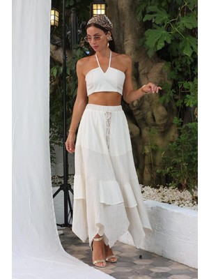 Doğal Gofre Dantel Kumaş Ön Korseli Saçaklı Etek Ipli Düğmeli Crop Bohem Tatil Kadın Takım Bej