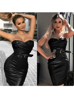 Fashion Cocktail Düğmeli Sexy Dar Suni Deri Dekoratif Düğmeli Kemerli Gece Elbise Siyah