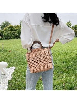 Fashion Cocktail Ahşap Saplı Yazlık Hasır Büzgü Astarlı El Çantası