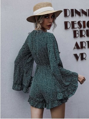 Fashion Cocktail Puantiyeli Puanlı Göğüsten Bağlamalı Ispanyol Geniş Kol Saten Tulum Yeşil