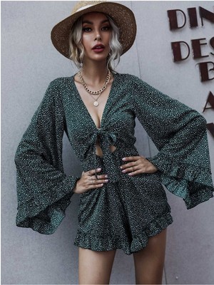 Fashion Cocktail Puantiyeli Puanlı Göğüsten Bağlamalı Ispanyol Geniş Kol Saten Tulum Yeşil