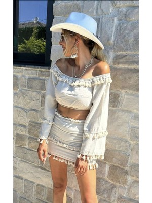 Fashion Cocktail Ponponlu Düşük Omuz Uzun Kol Mini Keten Takım Bej