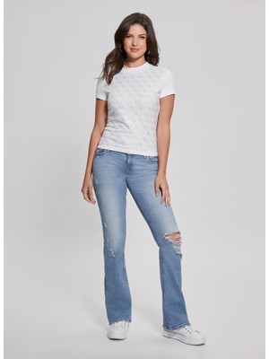 Guess Dik Yaka Desenli Beyaz Kadın T-Shirt Ss Mock Neck All Ove - Mıd Organıc