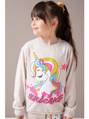 Cansın Mini Krem Unicorn Baskılı Şardonlu Kız Çocuk Eşofman Takımı 19859