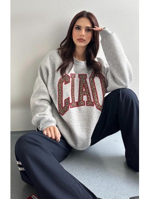 Cıao Büyük Fontlu Leopar Desen Yazılı Salaş Bol Kadın Kışlık Ofis Kolej Sweat