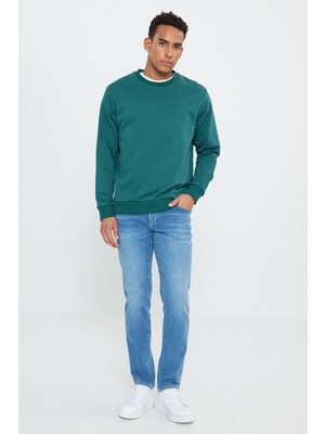 AC&Co / Altınyıldız Classics Erkek Koyu Yeşil Standart Fit Normal Kesim Bisiklet Yaka 3 Iplik Pamuklu Sweatshirt