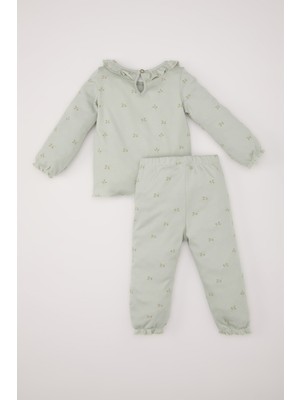 DeFacto Kız Bebek Pijama Takımı Fırfırlı Yaka Desenli Uzun Kollu Üst Beli Lastikli Alt D7164A524WN